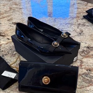 Versace Collection Black Flats with Gold Accents